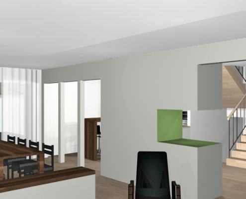 Visualisierung Wohnbereich | Im Hintergrund die Treppe zu den oberen Geschossen