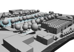 Situation | 3D-Modell des Fabrikgeländes, Park und Gebäuden. Hauptzugang über die Seilbrücke im Bild rechts oben