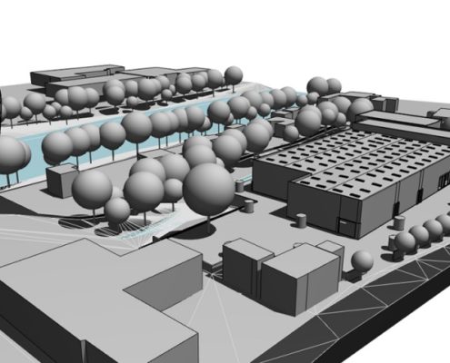 Situation | 3D-Modell des Fabrikgeländes, Park und Gebäuden. Hauptzugang über die Seilbrücke im Bild rechts oben